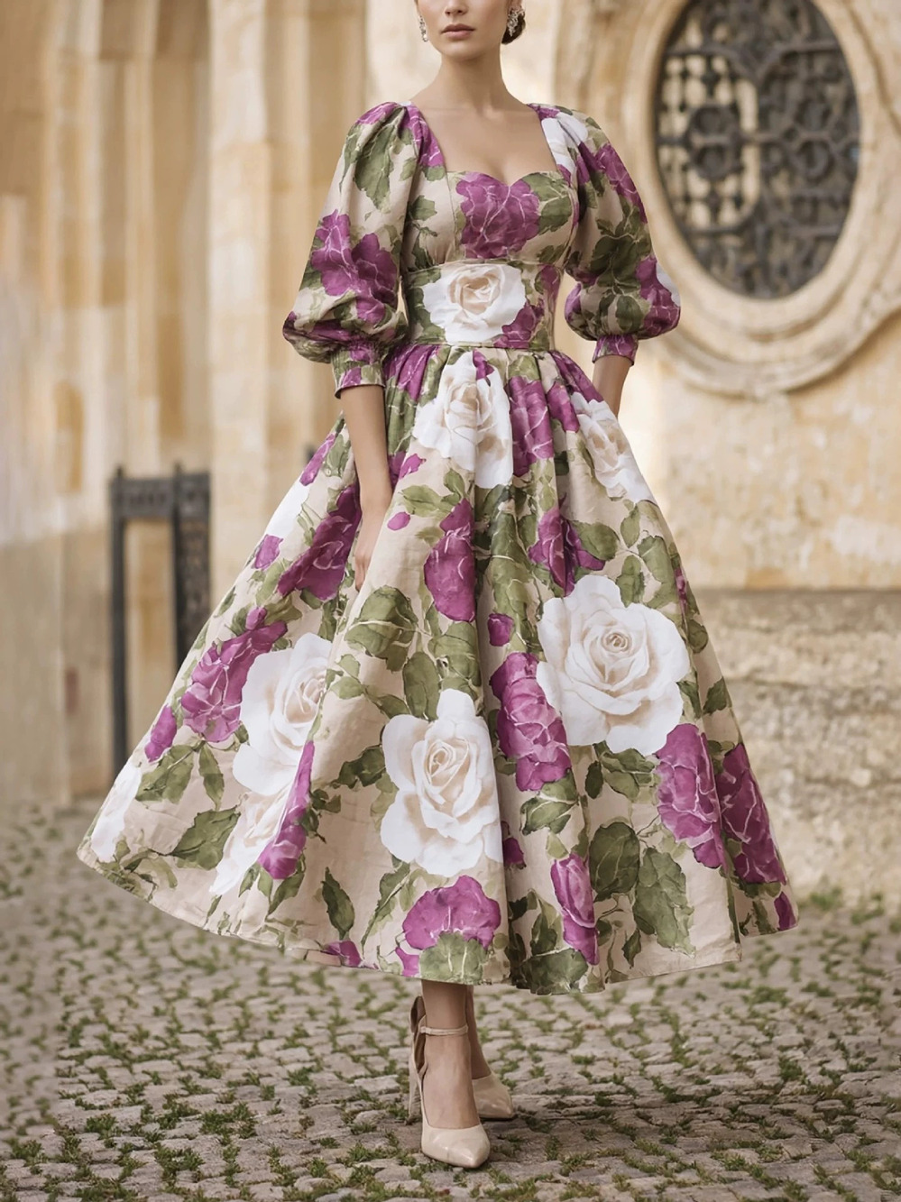 ZARA Elegant French Vintage Rose Print Puff Sleeve A Line Dress